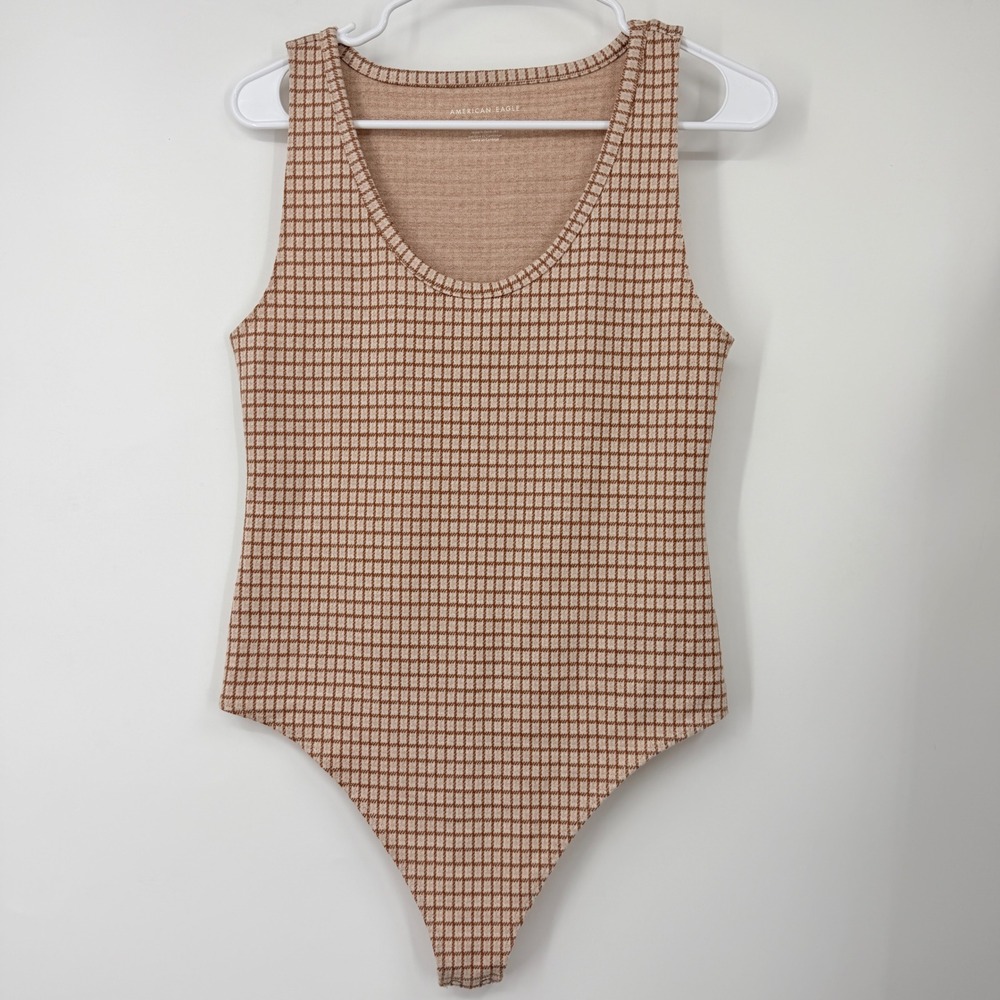 American Eagle Womens Plaid Sleeveless Scoop Neck Bodysuit Brown Tan Size Medium